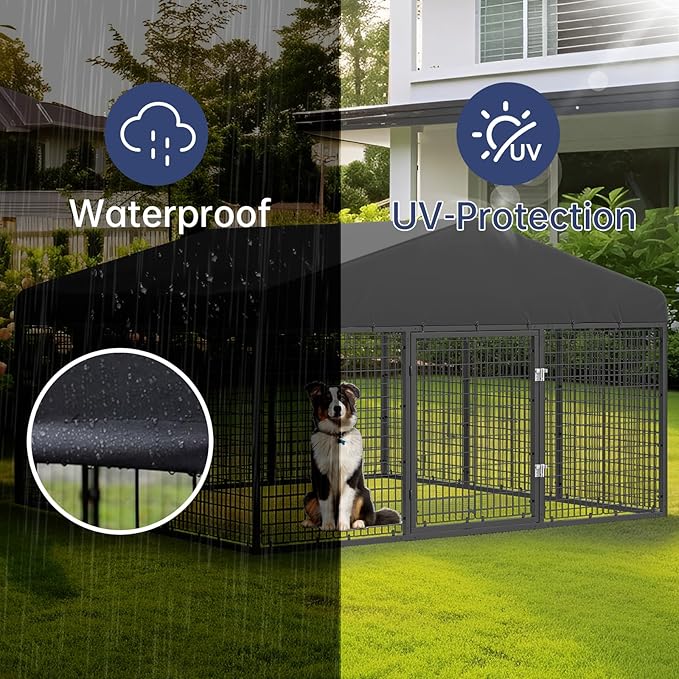 118" x 118" Outdoor Dog Kennel Steel Ideal Dog Fence for Medium/Small Dogs Anti-Rust Coating Cage with Roof All Weather Resistant Dog House with Double Locks