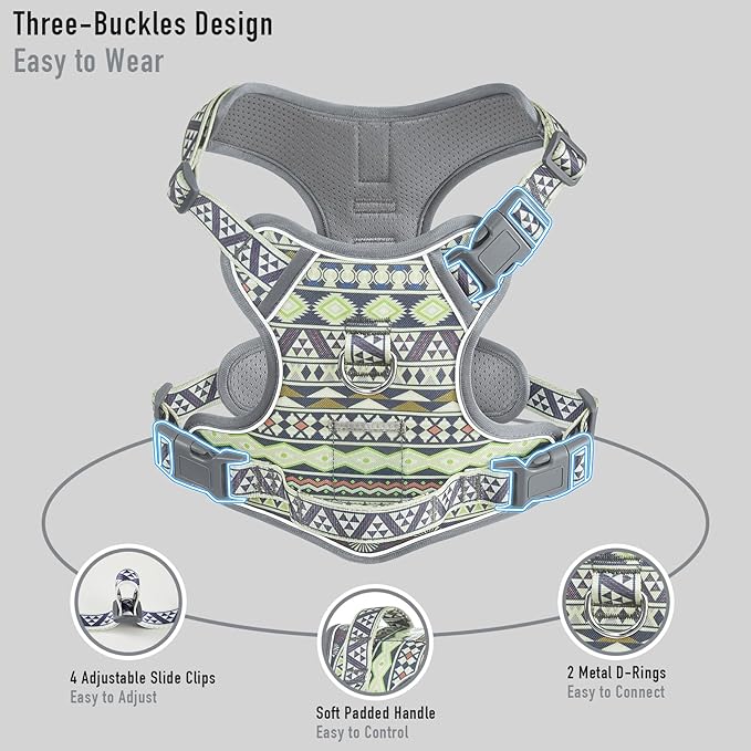 Dog Vest Harness No Pull Easy Walker Pet Harness for Walking Training Hiking for M Sized Dogs with 2 Leash Clips 3 Buckles ID Card Reflective Strip Soft Padded Handle, Tribal, French Bulldog