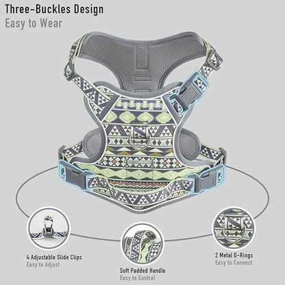 Dog Vest Harness No Pull Easy Walker Pet Harness for Walking Training Hiking for M Sized Dogs with 2 Leash Clips 3 Buckles ID Card Reflective Strip Soft Padded Handle, Tribal, French Bulldog