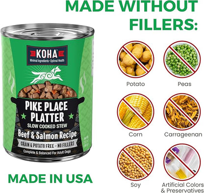 KOHA Pike Place Platter Stew for Dogs with Beef and Salmon, High Protein Wet Dog Food, 12.7oz Cans (Case of 12)