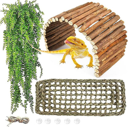 kathson Reptile Wooden Bridge,Bearded Dragon Hammock Decor Wood Reptile Hideout Hut Terrarium Hanging Plants Climbing Accessories Reptiles Hide Caves for Snake Gecko Lizard Tortoise (3 Pcs)