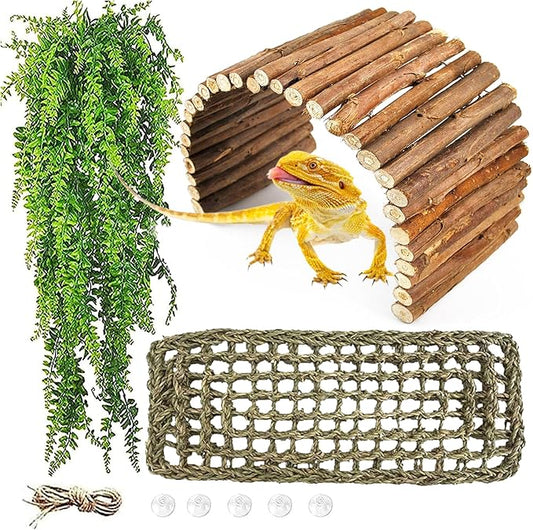 kathson Reptile Wooden Bridge,Bearded Dragon Hammock Decor Wood Reptile Hideout Hut Terrarium Hanging Plants Climbing Accessories Reptiles Hide Caves for Snake Gecko Lizard Tortoise (3 Pcs)