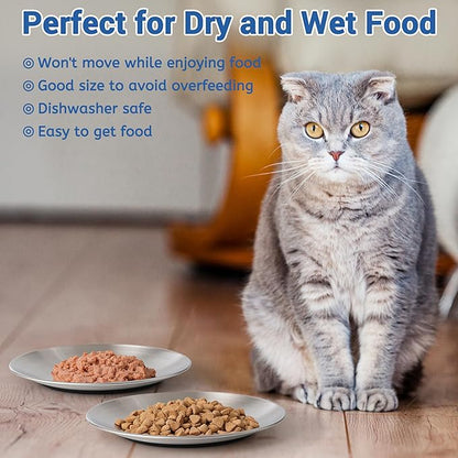 Stainless Steel Cat Bowls, 6.7" Wide and Shallow Cat Food Bowl Set with Silicone Ring for Non Slip, Flat Metal Cats Dishes or Plates for Feeding Indoor Cats, Kitten, Small Dogs (Silver-2 Pack)