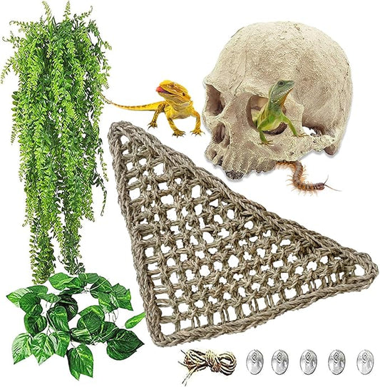 kathson Reptile Habitat Skull Decoration Bearded Dragon Tank Accessories Resin Human Skulls Hide Cave Hanging Vines Plant for Lizards Tortoise Snake Chameleon Spider Reptiles Amphibians(4 PCS)