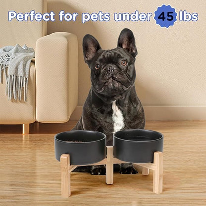 SPUNKYJUNKY Elevated Dog Bowls Ceramic, 6.1'' Dogs and Cat Food Water Bowls Raised with Non-Slip Bamboo Stand for Medium Sized Breed Microwave Dishwasher Safe - 28.7 OZ,Black