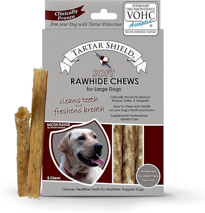 Tartar Shield Soft Rawhide Chews | Safe Dental Treats for Large Dogs | Vet VOHC Approved | Daily Bone Cleans Teeth & Gums Fresh Breath Oral Health Support | USA Made | (Large Dogs / 8 Count)
