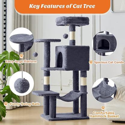 Sweetcrispy 44 inch Cat Tree Tower, Multi-Cat Climbing Tower with Condo, Natural Sisal Scratching Posts, Extended Platform, Hammock, Pet House for Indoor Cats and Kittens Play, Dark Grey