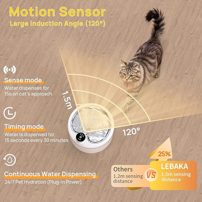 Wireless Cat Water Fountain with Stainless Steel Tray, Battery Operated Cat Fountain - 102oz/3L Automatic Pet Water Dispenser, Easy Clean with Motion Sensor for Cats, Dogs-2Filters