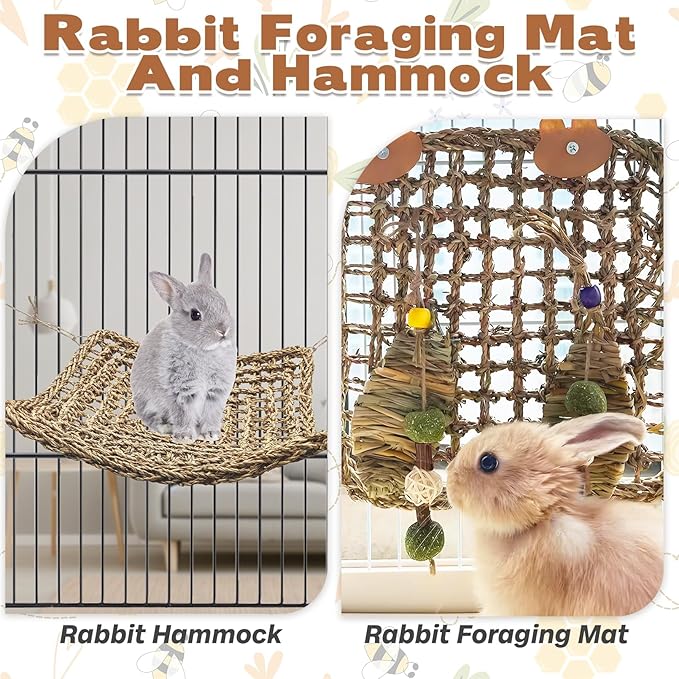 kathson Rabbit Hammock Swing 15.7 x 15.7 inch Rabbit Natural Seagrass Activity Zone Mat Guinea Pig Hammock Bunny Chew Toys for Small Animal Ferret Parakeet Bearded Dragon Chinchilla