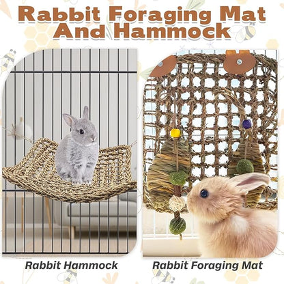 kathson Rabbit Hammock Swing 15.7 x 15.7 inch Rabbit Natural Seagrass Activity Zone Mat Guinea Pig Hammock Bunny Chew Toys for Small Animal Ferret Parakeet Bearded Dragon Chinchilla