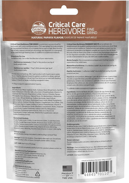 Oxbow Critical Care Herbivore, Fine Grind, Emergency Rabbit & Guinea Pig Food, Natural Papaya Flavor, Veterinary Formula, Critical Care Herbivore, Assist Feeding Formula for Pets, 100 gram bag