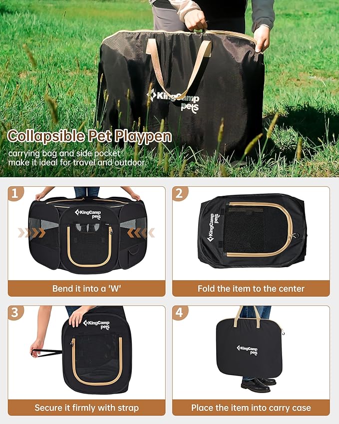 KingCamp Dog Playpen, Portable Foldable Cat Kitten Puppy Tent Crates 29"/36"/50" Pop Up Pet Playpen with Zippered Bottom & Cover for Indoor Outdoor Use (X-Large, Jet Black)