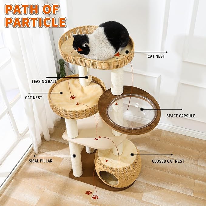 Big Cat Tree for Large Cats - Multi-Cat Tower with Natural Sisal & Handwoven Basket, Extra Sturdy Base, Breathable Perch - Rustic Wood Style Cat Furniture for Indoor Cats