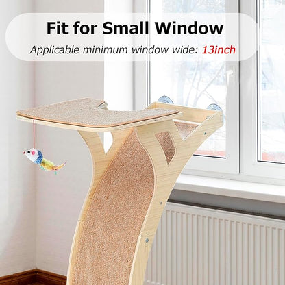 Cat Window Perch with Scratcher Ramp, 48" Climbing Tree Suctions Cups to Window Maximum Hold Up to 45lb, Wood Kitty Bed for Small Window