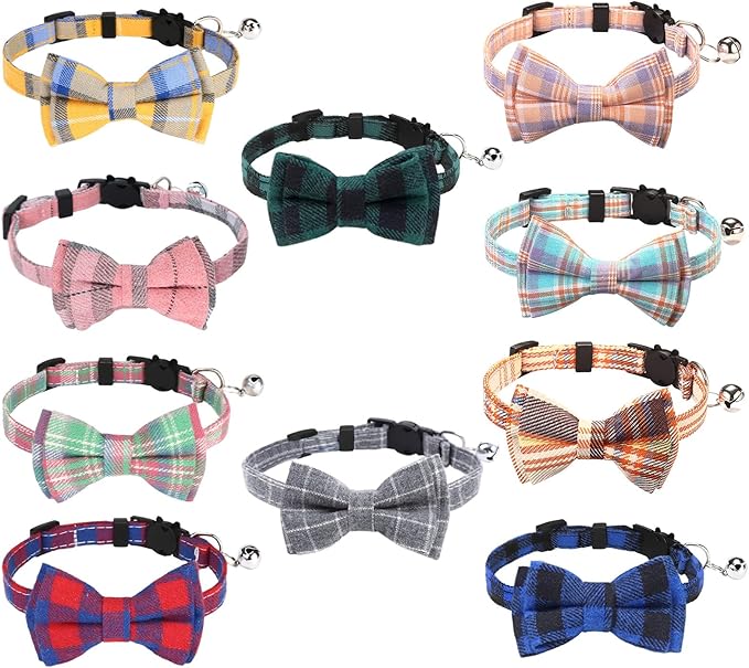 10 Pcs Cat Collar Breakaway with Bow Tie and Bell Kitten Collars Removable Bowtie Plaid Cat Collar for Cats Kittens Puppy (Classic)