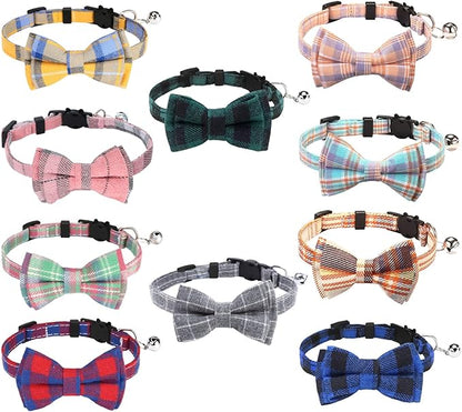 10 Pcs Cat Collar Breakaway with Bow Tie and Bell Kitten Collars Removable Bowtie Plaid Cat Collar for Cats Kittens Puppy (Classic)