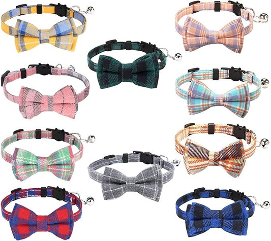 10 Pcs Cat Collar Breakaway with Bow Tie and Bell Kitten Collars Removable Bowtie Plaid Cat Collar for Cats Kittens Puppy (Classic)