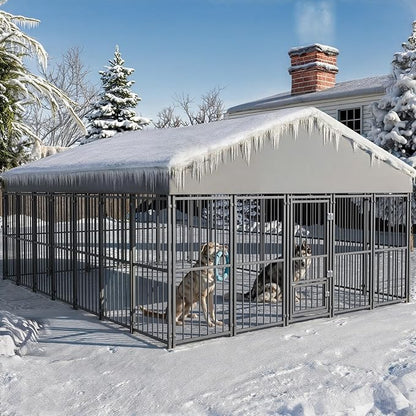 10X14FT Large Dog Kennel Outside with Feeding Door, Heavy Duty Dog Cage with Roof and Double Safety Locks, Outdoor Dog Enclosure for Pets