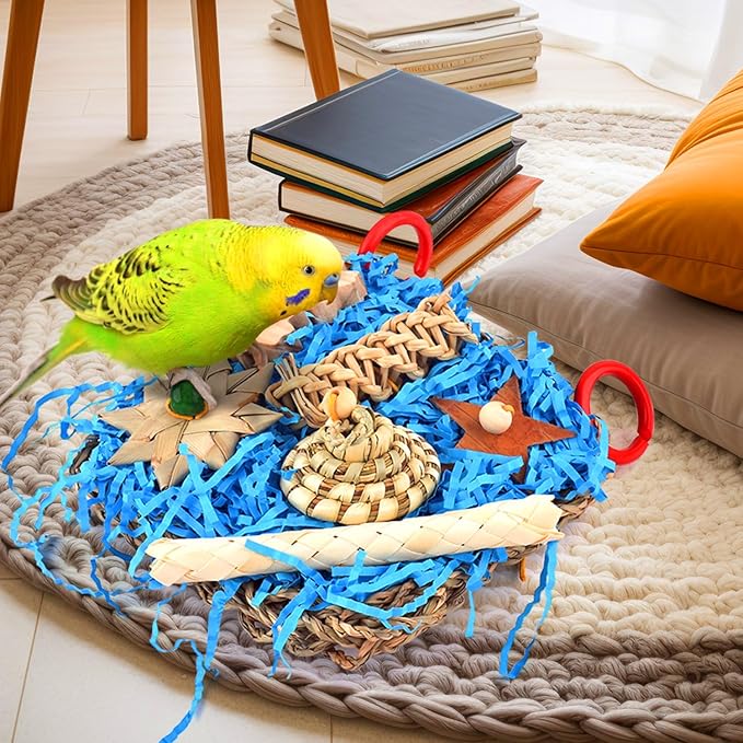 KATUMO Conure Toys, Bird Foraging Toys Parakeet Shredding Grass Mat Hanging Toys for Cockatiel Conure Lovebird Parakeet Bird Cage Accessories