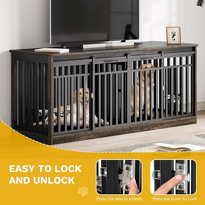 DWVO 71" Double Dog Crate Furniture for 2 Medium Dogs, Heavy Duty Wood Dual Dog Kennel TV Stand with Sliding Doors, Decorative Wooden 2 Dog Cage Table with Dog Bowls for Extra Large Dogs Black Oak