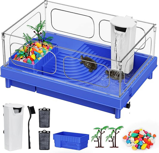 Geegoods Turtle Tank, Blue Small Turtle Tank Kit, Turtle Aquarium with Filter, Colored Rocks, Brush and Small Plant
