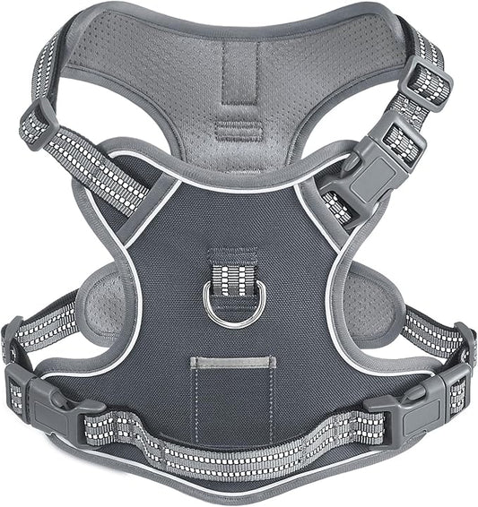 Non Pulling Dog Harness for Medium Dogs, Adjustable Reflective Harness Vest with Handle, for Working Training Hiking Walking, Escape Proof Gray Pet Vest for M Sized Dog