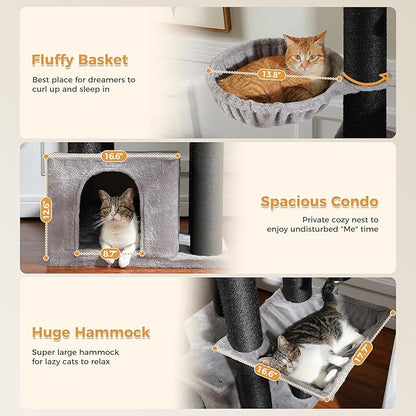 XXL Cat Tree, 67" Heavy Duty Cat Tower for Indoor Cats Large Adult with 13 Thick Scratching Posts (φ4.3), Large Perch, Spacious Condo, Hammock - for Maine Coon up to 20 lbs, Black