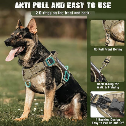 Tactical Dog Harness and Leash Set for Large Dogs,Heavy Duty No Pull Service Dog Vest and 10 Patches with Dog Seat Belt,Reflective Adjustable Pet Harness for Training Walking Hiking Camo XL