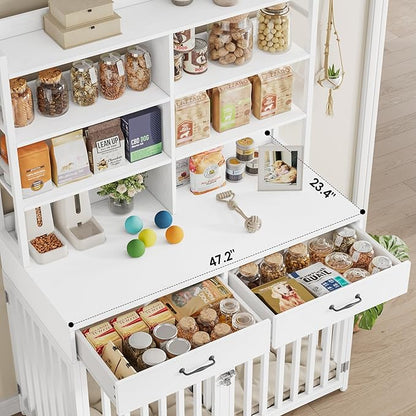Keyluv 71''H x 47.2''W Large Dog Crate Furniture with 4-Tier Shelves and 2 Storage Drawers, Heavy Duty Dog Cage Furniture with 2 Doors, Wood & Metal Dog Kennel Indoor for Small/Medium/Large Dog, White