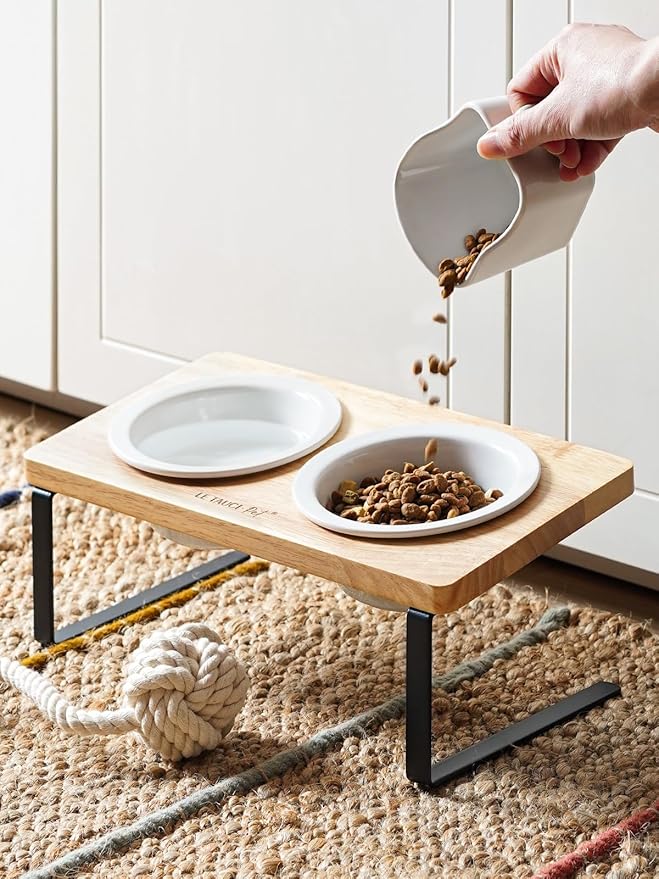 Elevated Dog Bowls, Raised Dog Bowl Stand with Two 5.1 inch Ceramic Bowls, Non-Slip Cat Food and Water Dish for Small and Medium Breed, White