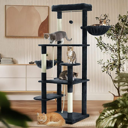 59 Inch Cat Tree Tower, Multi-Level Large Cat Tree for Indoor with Super Large Bed, Hammocks, Scratching Posts, Dangling Ball, Cat Furniture, Activity Center