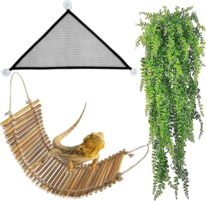 kathson Reptile Bridge for Terrarium,Bearded Dragon Wooden Bridges Gecko Hammock with Hanging Plants Lizard Lounger Bamboo Ladder Reptiles Tank Accessories Climbing for Chameleons Geckos Snakes (3Pcs)