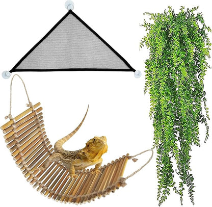 kathson Reptile Bridge for Terrarium,Bearded Dragon Wooden Bridges Gecko Hammock with Hanging Plants Lizard Lounger Bamboo Ladder Reptiles Tank Accessories Climbing for Chameleons Geckos Snakes (3Pcs)