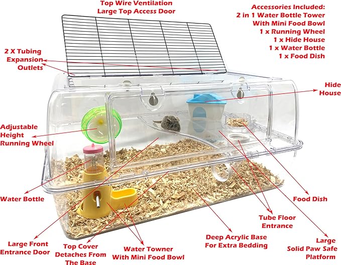 Large Deluxe 2-Tiers Acrylic Dwarf Hamster Home Mouse Gerbil Reptiles Palace Rat Habitat Cage Running Wheel Water Bottle Food Bowl Expandable Outlet