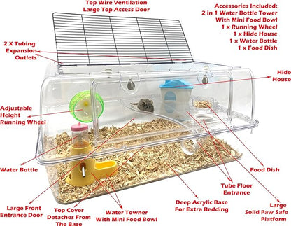 Large Deluxe 2-Tiers Acrylic Dwarf Hamster Home Mouse Gerbil Reptiles Palace Rat Habitat Cage Running Wheel Water Bottle Food Bowl Expandable Outlet