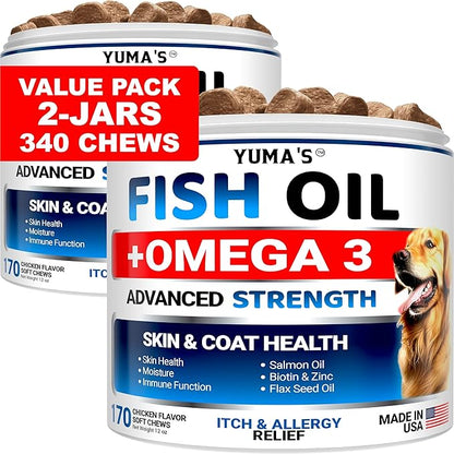 (2 Pack) Omega 3 Fish Oil for Dogs - 170 Chews - Skin and Coat Supplement - Omega 3 for Dogs - Dry & Itchy Skin Relief Treatment - Allergy Support Dog Anti Shedding Treats - Salmon - Chicken Flavor
