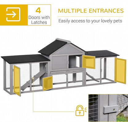 PawHut 83" L Outdoor Rabbit Hutch with Double Runs, Large Guinea Pig Cage Indoor, Wooden Bunny Hutch with Weatherproof Roof, Removable Tray, Ramps, Gray