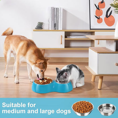 Elevated Dog Bowls Set - Non-Slip Raised Pet Feeder with Medium (2 Cups) & Large (4 Cups) Stainless Steel Bowls - Includes Durable Resin Stand for Puppies, Adult Dogs & Cats - Blue