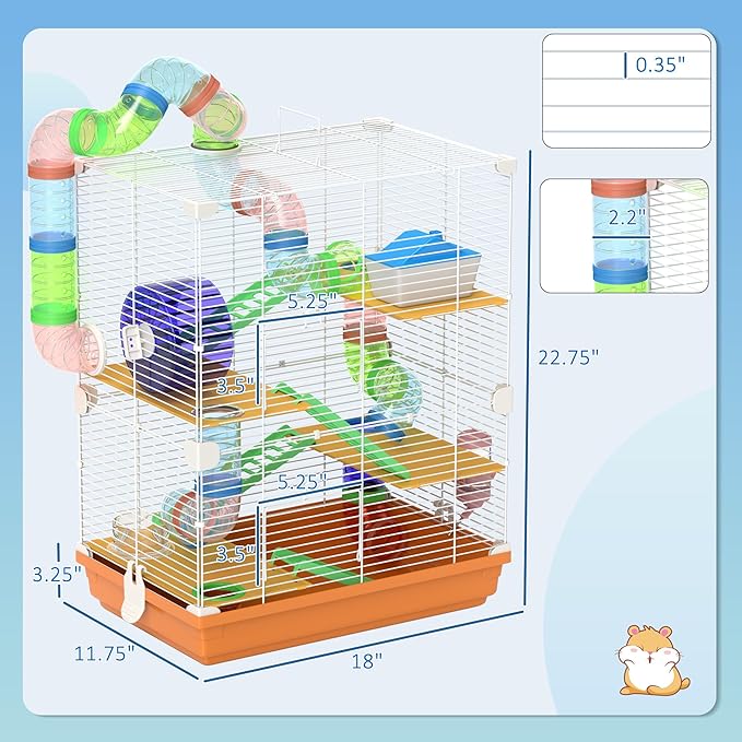 PawHut 18" 5 Tier Hamster Cage with Tubes and Tunnels, Small Animal Cage with Portable Carry Handle, Gerbil Cage with Water Bottle, Food Dish, Exercise Wheel, Orange