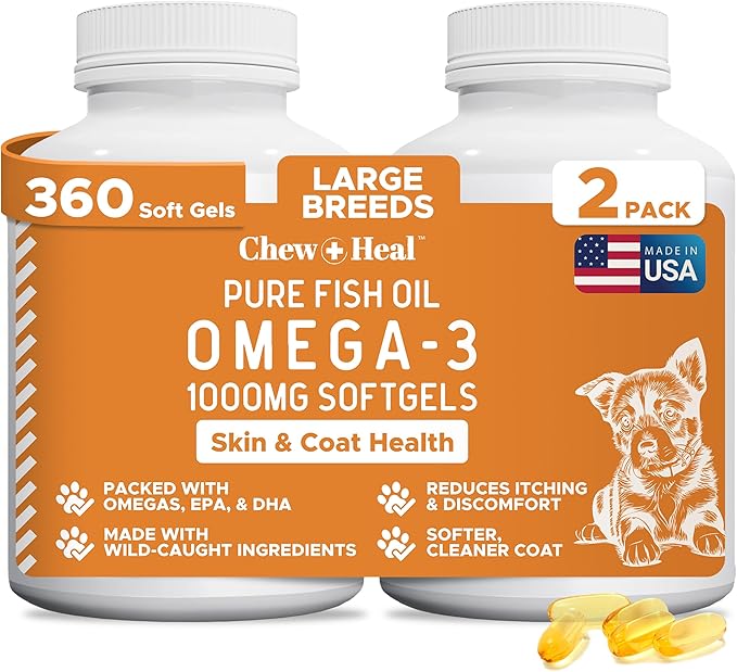 Wild Caught Omega 3 Fish Oil for Dogs -360 Softgel Capsules for Healthy Skin and Coat -Large 1000mg Dog Fish Oil Pills for Shedding, Dry Itching Skin -Pet Omega Salmon Supplement (2 Packs of 180)
