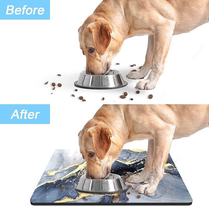 Rnivvi Dog Food Mat, 16" x 24" Marble Absorbent Dog Cat Bowl Mat for Food and Water, Cute Anti-Slip Rubber Pet Feeding Rug Protect Floors, Puppy Placemat for Feeding & Watering Supplies, Grey