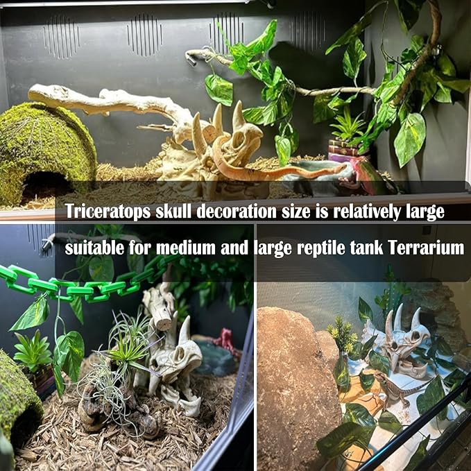 kathson Reptile Resin Dinosaur Skull Decoration Bearded Dragon Tank Triceratops Skeleton Accessories Vines Flexible Leaves Decor for Lizards Tortoises Snakes Frogs(3 PCS)