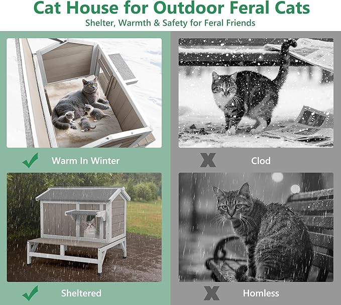 Cat House Outdoor Weatherproof Cat Shelter for Outside Ferals Cats with Waterproof Openable Roof & 8.3" Platform, Balcony Wooden Pet Houses for 1-3 Small Animals