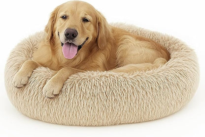 Deconovo Calming Donut Dog Bed, Washable Plush Round Pet Bed for Small Dogs & Cats with Raised Rim, Non-Slip Base and Soft Faux Fur—Lightweight, Easy-Care Design Beige 37" L x 37" W x 8" Th