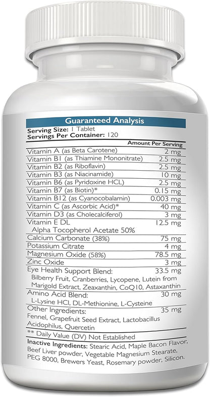 Eye Care for Dogs Daily Vision Supplement with Lutein, Zeaxanthin, Astaxanthin, CoQ10, Bilberry Antioxidants, Vitamin C, Vitamin E Support for Dog Eye Problems, 120 Chewable Tablets
