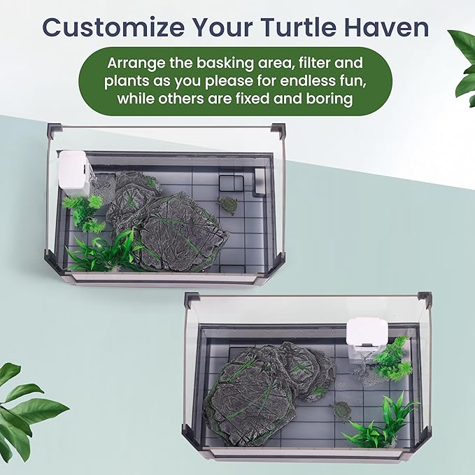 Small Turtle Tank Kit for Aquatic Turtles – Complete Starter Habitat with Filter, UVB Lamp, Basking Platform, Plants – Turtle Aquarium Kit (Black)