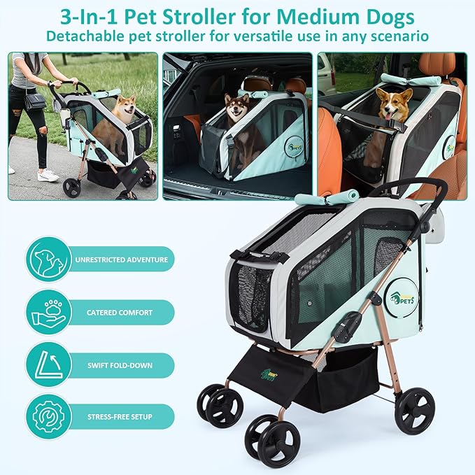Ownpets Pet Stroller with Upgraded 4 Wheels, Foldable Dog Stroller for Medium Dogs and Cats Up to 66lbs, Detachable Carrier for Car Seat, with Storage Organizer, Cup Holder