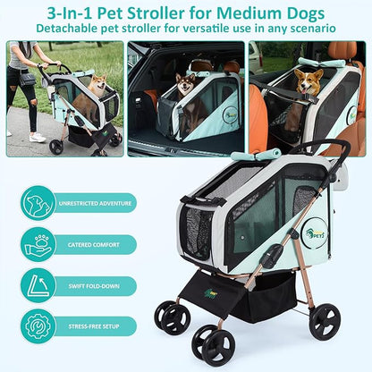 Ownpets Pet Stroller with Upgraded 4 Wheels, Foldable Dog Stroller for Medium Dogs and Cats Up to 66lbs, Detachable Carrier for Car Seat, with Storage Organizer, Cup Holder