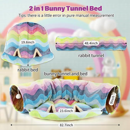 BWOGUE Bunny Tunnel Bed, 2-in-1 Collapsible Tunnel Tubes Toys with Removable Mat Hideout for Cats Kittens Rabbits Guinea Pigs Kitty