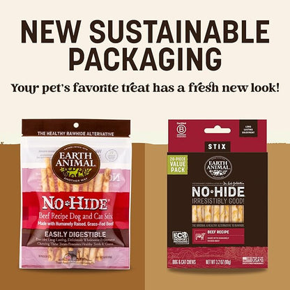 Earth Animal No-Hide Stix Beef Recipe Natural Rawhide Alternative Dog & Cat Chews - 20 Count Value Pack